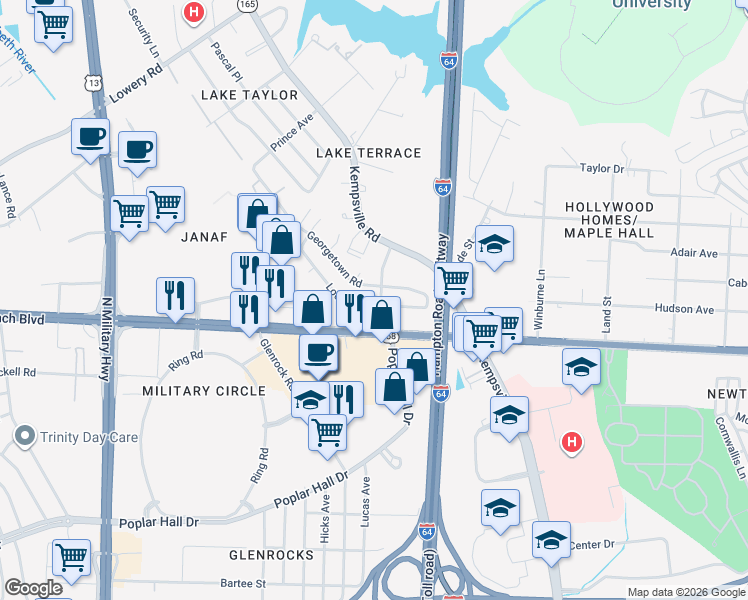 map of restaurants, bars, coffee shops, grocery stores, and more near 6020 Lockamy Lane in Norfolk