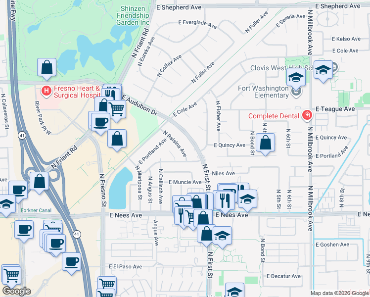 map of restaurants, bars, coffee shops, grocery stores, and more near 8296 North Raisina Avenue in Fresno