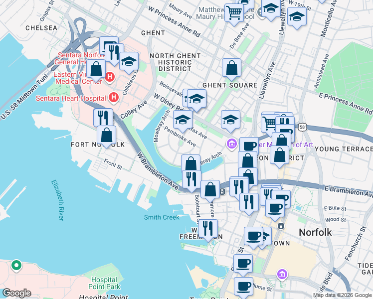 map of restaurants, bars, coffee shops, grocery stores, and more near 308 Colonial Avenue in Norfolk