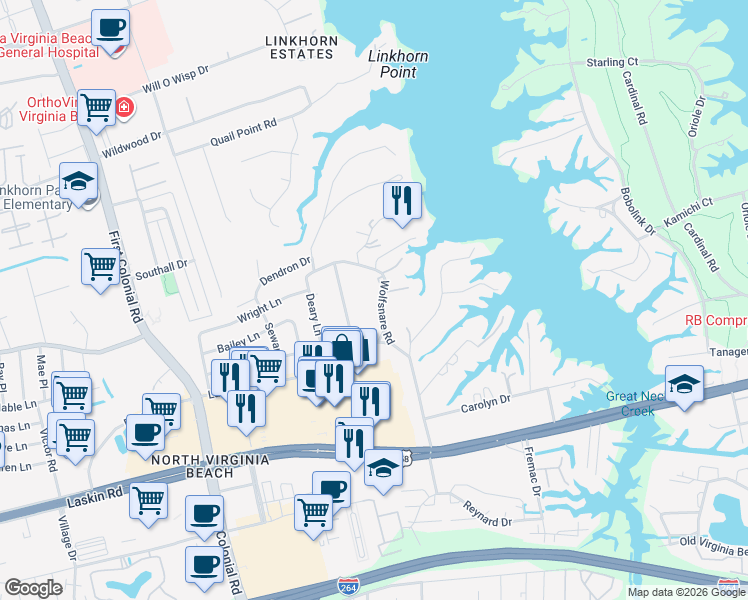 map of restaurants, bars, coffee shops, grocery stores, and more near 1525 Wolfsnare Road in Virginia Beach