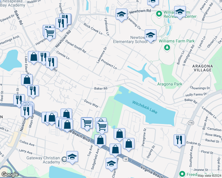 map of restaurants, bars, coffee shops, grocery stores, and more near 5417 Trumpet Vine Court in Virginia Beach