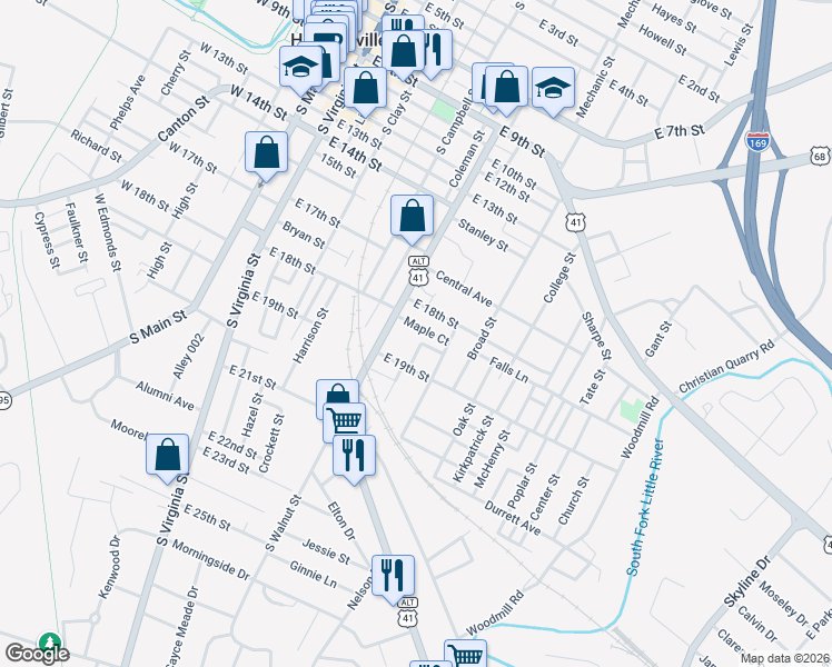 map of restaurants, bars, coffee shops, grocery stores, and more near 801-899 Maple Court in Hopkinsville