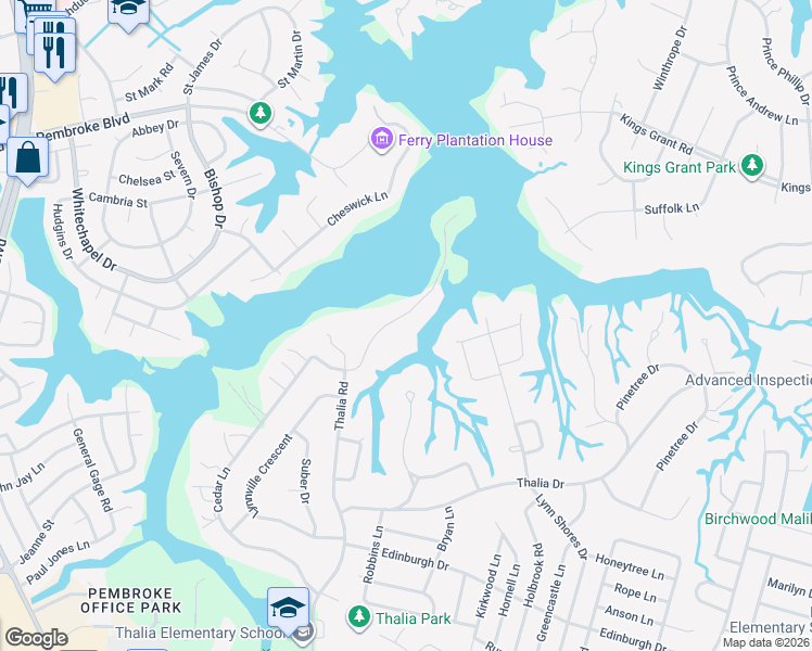 map of restaurants, bars, coffee shops, grocery stores, and more near 637 Thalia Point Road in Virginia Beach