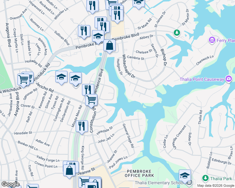 map of restaurants, bars, coffee shops, grocery stores, and more near 608 Hessian Road in Virginia Beach