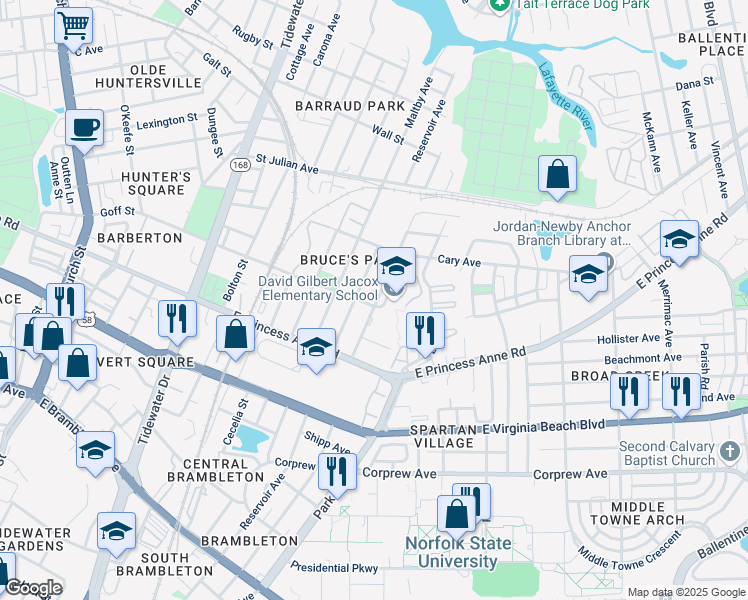map of restaurants, bars, coffee shops, grocery stores, and more near 1420 Goff Street in Norfolk