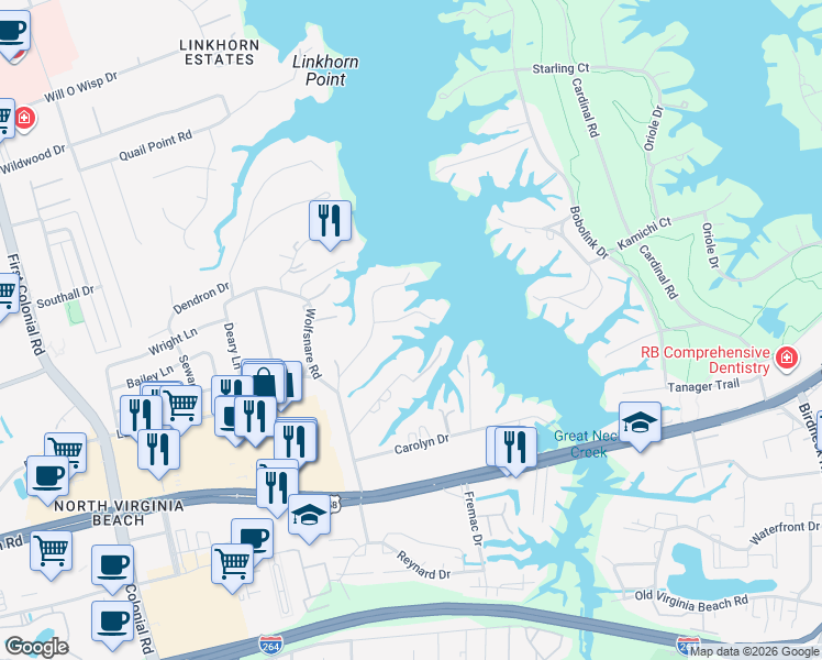 map of restaurants, bars, coffee shops, grocery stores, and more near 1409 Linlier Drive in Virginia Beach