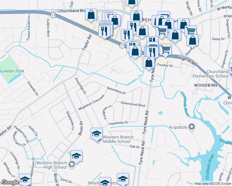 map of restaurants, bars, coffee shops, grocery stores, and more near 3332 Elmsford Pl in Chesapeake