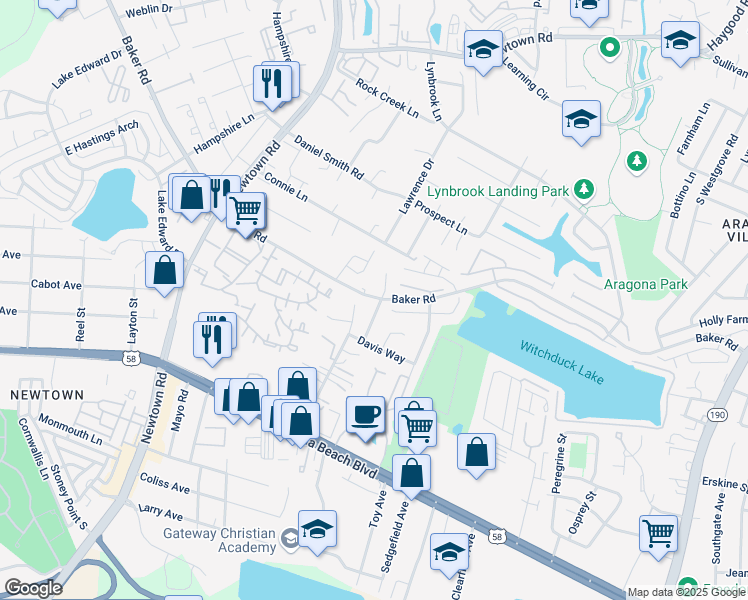 map of restaurants, bars, coffee shops, grocery stores, and more near 645 Aubrey Drive in Virginia Beach