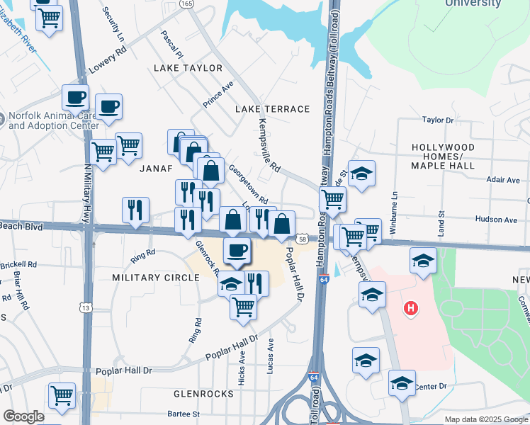 map of restaurants, bars, coffee shops, grocery stores, and more near 5976 Lockamy Lane in Norfolk
