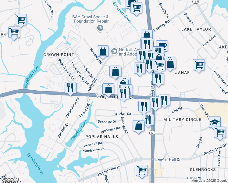 map of restaurants, bars, coffee shops, grocery stores, and more near 5570 U.S. 58 in Norfolk