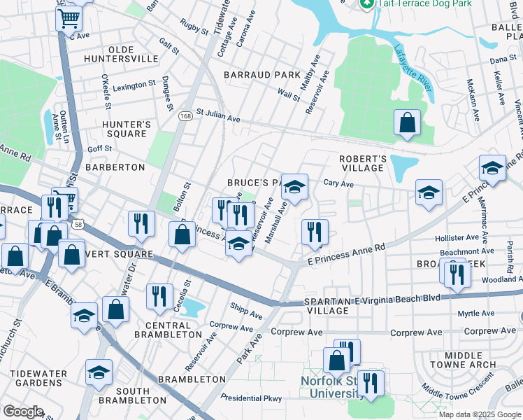 map of restaurants, bars, coffee shops, grocery stores, and more near 1254 Maltby Avenue in Norfolk
