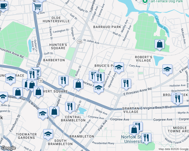 map of restaurants, bars, coffee shops, grocery stores, and more near 1245 Hanson Avenue in Norfolk