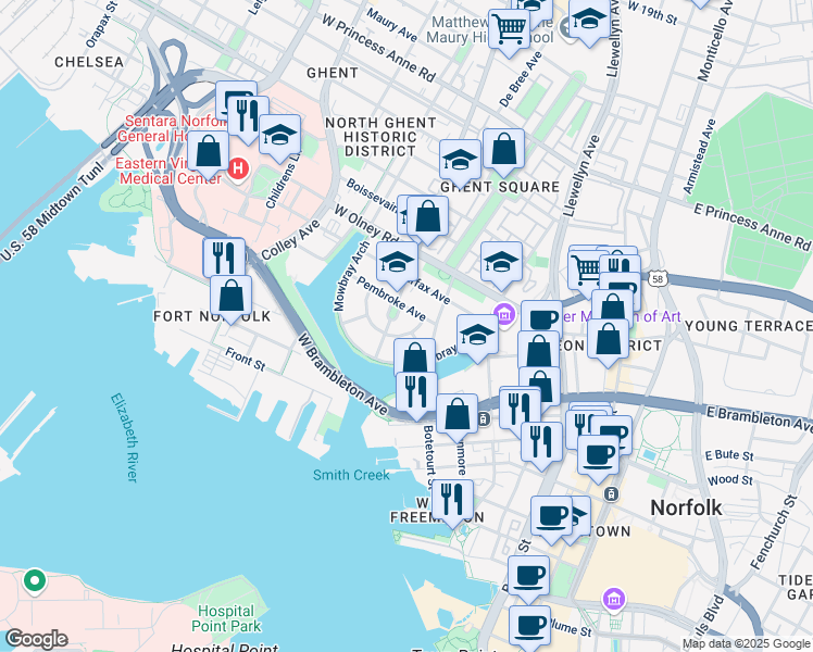 map of restaurants, bars, coffee shops, grocery stores, and more near 308 Colonial Avenue in Norfolk