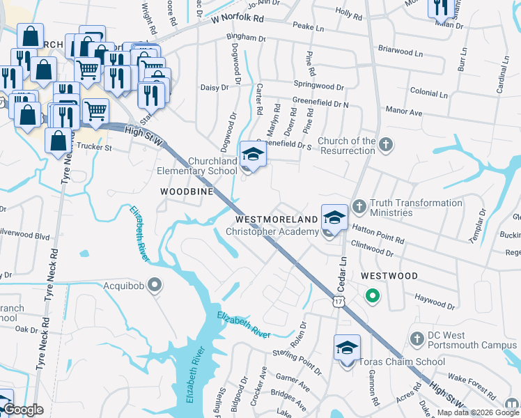 map of restaurants, bars, coffee shops, grocery stores, and more near 5300 High Street West in Portsmouth