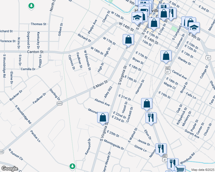 map of restaurants, bars, coffee shops, grocery stores, and more near 2012 South Main Street in Hopkinsville
