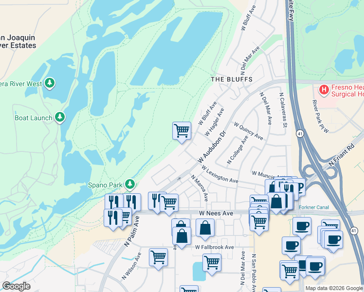 map of restaurants, bars, coffee shops, grocery stores, and more near 455 West Bluff Avenue in Fresno