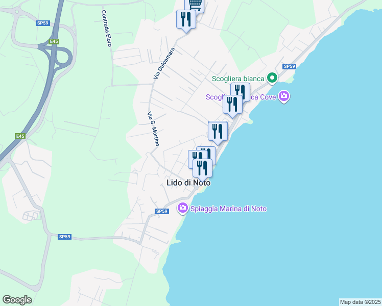 map of restaurants, bars, coffee shops, grocery stores, and more near 13 Via Michele Amato in Lido di Noto