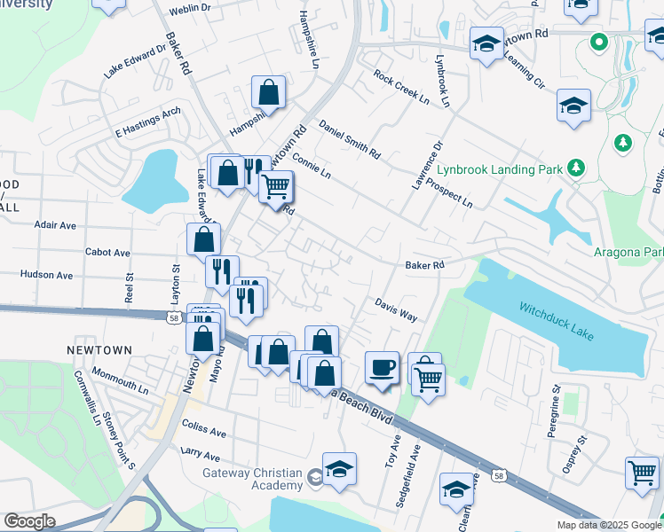 map of restaurants, bars, coffee shops, grocery stores, and more near 605 Spirit Court in Virginia Beach