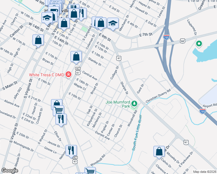 map of restaurants, bars, coffee shops, grocery stores, and more near 1700 College Street in Hopkinsville