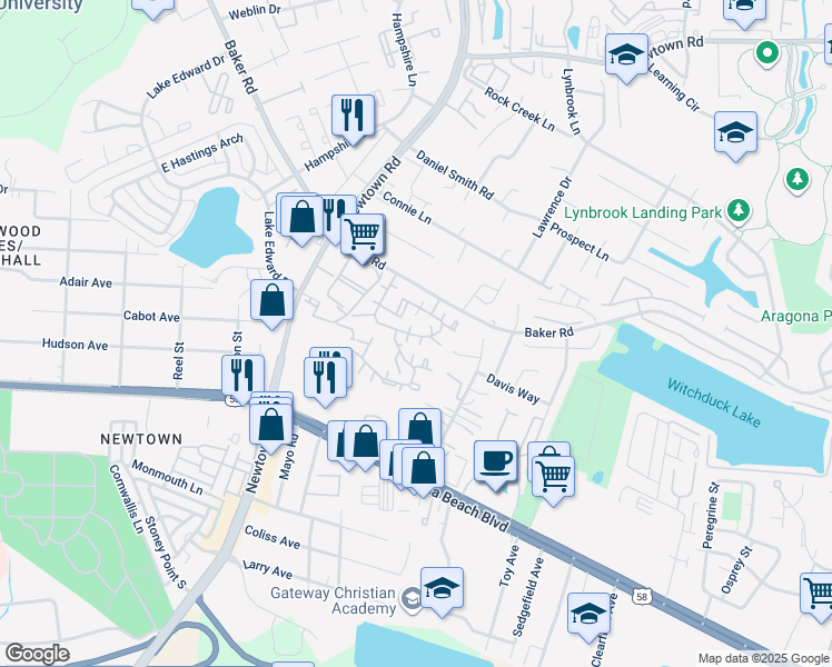 map of restaurants, bars, coffee shops, grocery stores, and more near 528 Peak Court in Virginia Beach