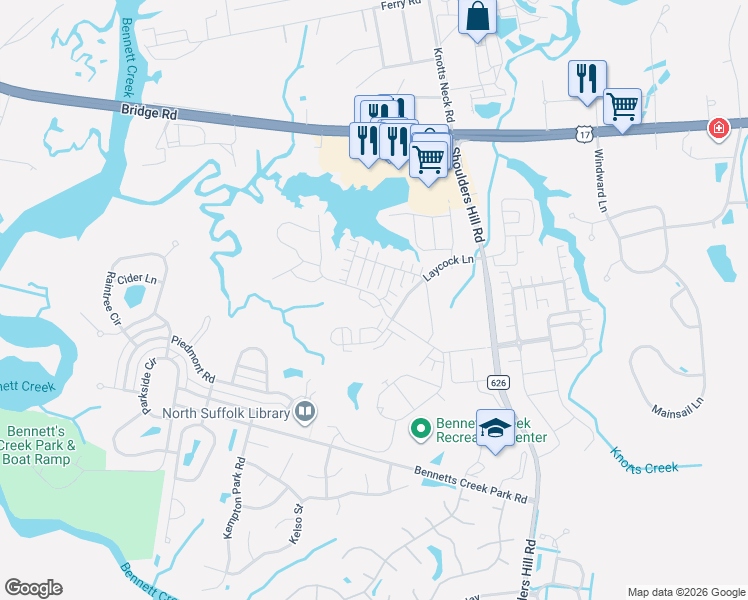 map of restaurants, bars, coffee shops, grocery stores, and more near 5543 Shoulders Hill Road in Suffolk