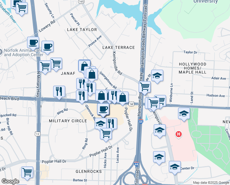 map of restaurants, bars, coffee shops, grocery stores, and more near 5976 Lockamy Lane in Norfolk