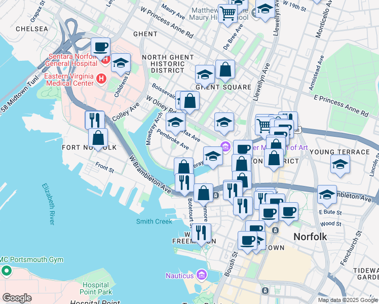 map of restaurants, bars, coffee shops, grocery stores, and more near 401 Warren Crescent in Norfolk