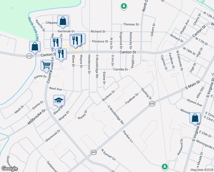 map of restaurants, bars, coffee shops, grocery stores, and more near 412 Merriwood Parkway in Hopkinsville