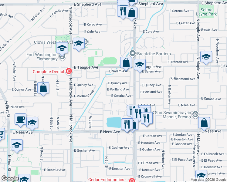 map of restaurants, bars, coffee shops, grocery stores, and more near 1313 East Portland Avenue in Fresno