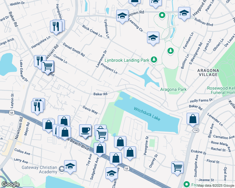 map of restaurants, bars, coffee shops, grocery stores, and more near 5400 Trumpet Vine Court in Virginia Beach