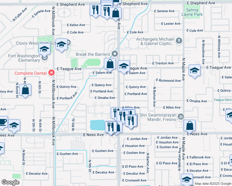 map of restaurants, bars, coffee shops, grocery stores, and more near 8298 N Sharon Ave in Fresno