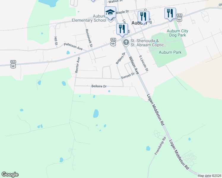 map of restaurants, bars, coffee shops, grocery stores, and more near 223 Bellaire Drive in Auburn