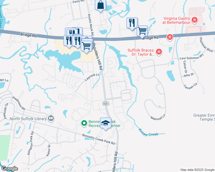 map of restaurants, bars, coffee shops, grocery stores, and more near 915 Vineyard Place in Suffolk
