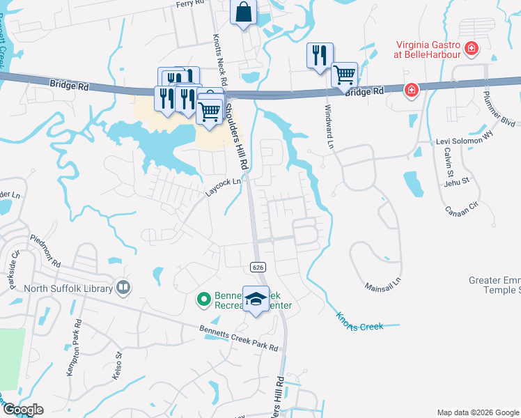 map of restaurants, bars, coffee shops, grocery stores, and more near 915b Vineyard Place in Suffolk