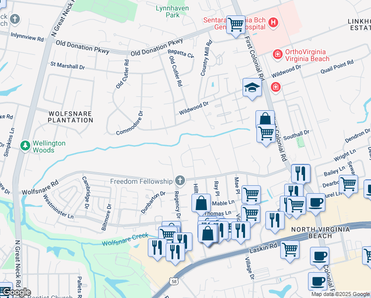 map of restaurants, bars, coffee shops, grocery stores, and more near 1912 Long Bridge Lane in Virginia Beach