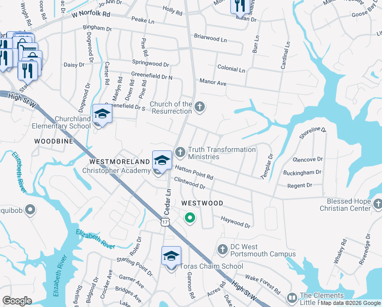 map of restaurants, bars, coffee shops, grocery stores, and more near 3401 Freemason Drive in Portsmouth