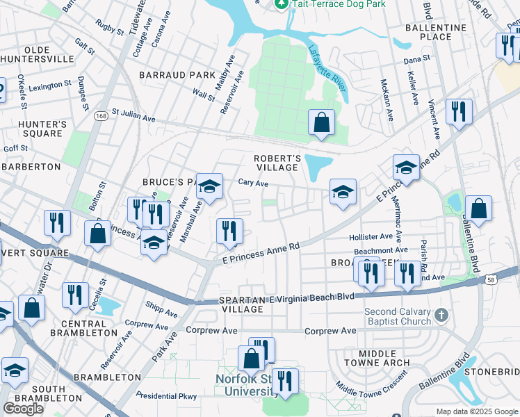 map of restaurants, bars, coffee shops, grocery stores, and more near 1331 Herbert Collins Way in Norfolk