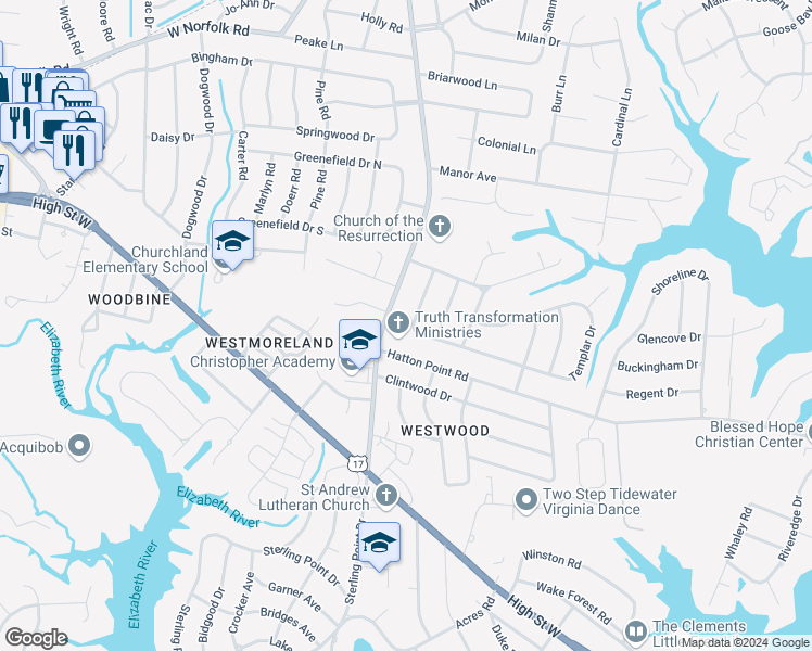 map of restaurants, bars, coffee shops, grocery stores, and more near 3401 Freemason Drive in Portsmouth