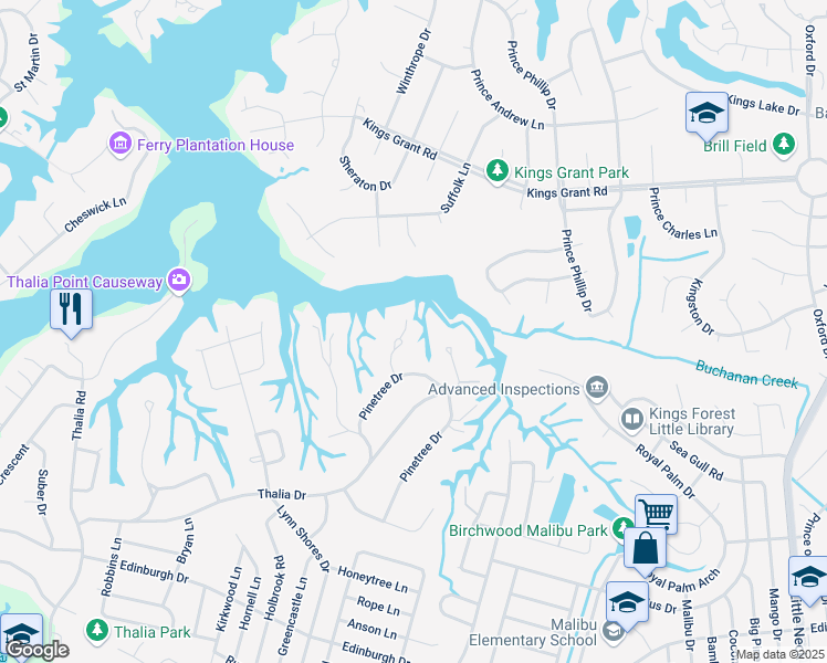 map of restaurants, bars, coffee shops, grocery stores, and more near 612 Pinetree Circle in Virginia Beach