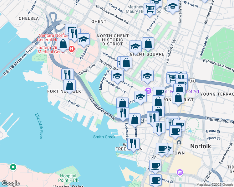 map of restaurants, bars, coffee shops, grocery stores, and more near 308 Colonial Avenue in Norfolk