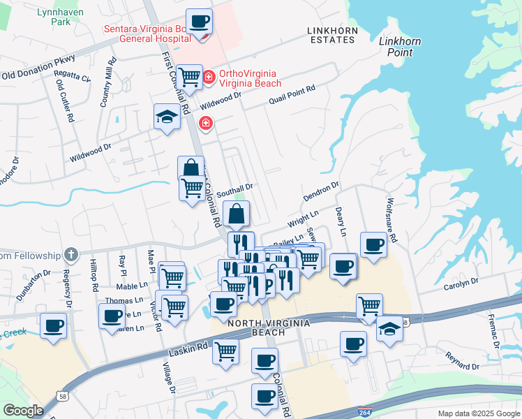 map of restaurants, bars, coffee shops, grocery stores, and more near 964 Colonial Meadows Way in Virginia Beach
