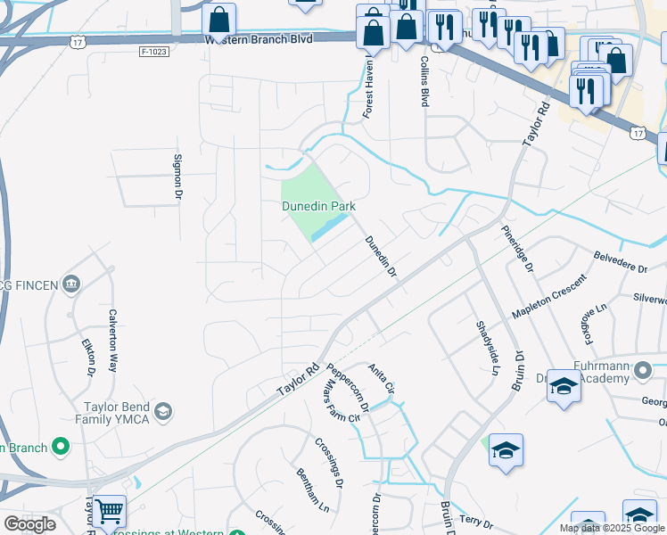 map of restaurants, bars, coffee shops, grocery stores, and more near 3125 Woodbaugh Drive in Chesapeake