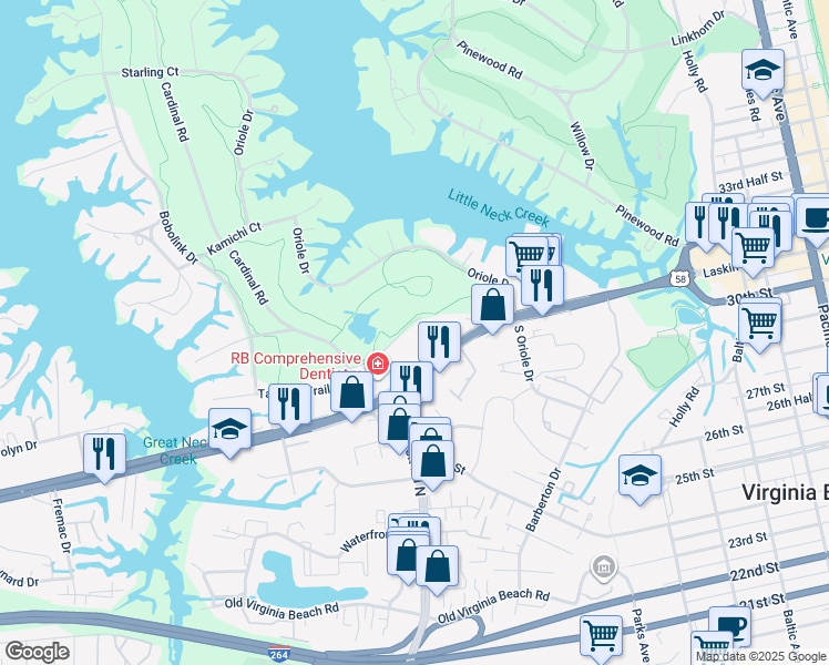 map of restaurants, bars, coffee shops, grocery stores, and more near 1109 Tanager Trail in Virginia Beach