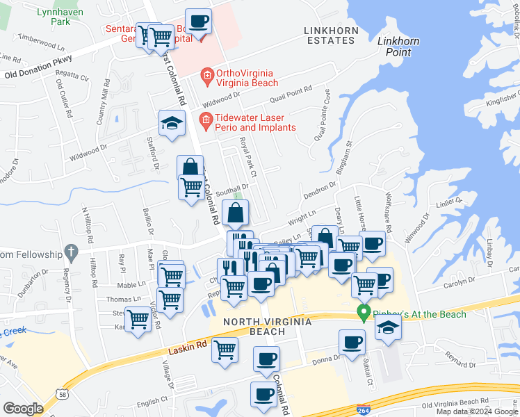 map of restaurants, bars, coffee shops, grocery stores, and more near 964 Colonial Meadows Way in Virginia Beach