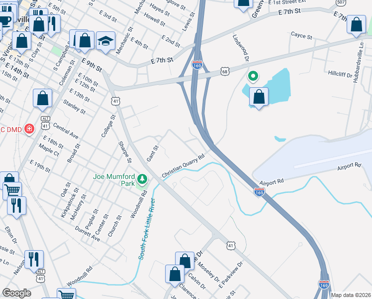 map of restaurants, bars, coffee shops, grocery stores, and more near 303 McGowan Street in Hopkinsville