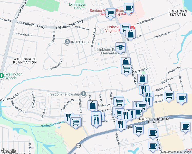 map of restaurants, bars, coffee shops, grocery stores, and more near 1933 Long Bridge Lane in Virginia Beach
