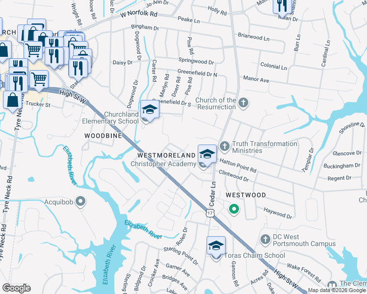 map of restaurants, bars, coffee shops, grocery stores, and more near 3400 Wheatfield Court in Portsmouth