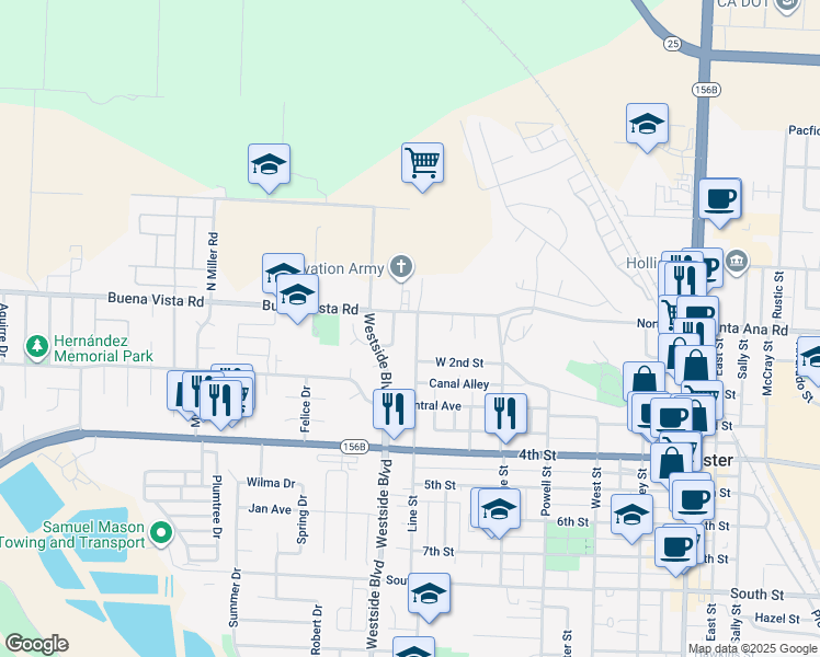 map of restaurants, bars, coffee shops, grocery stores, and more near 32 Line Street in Hollister