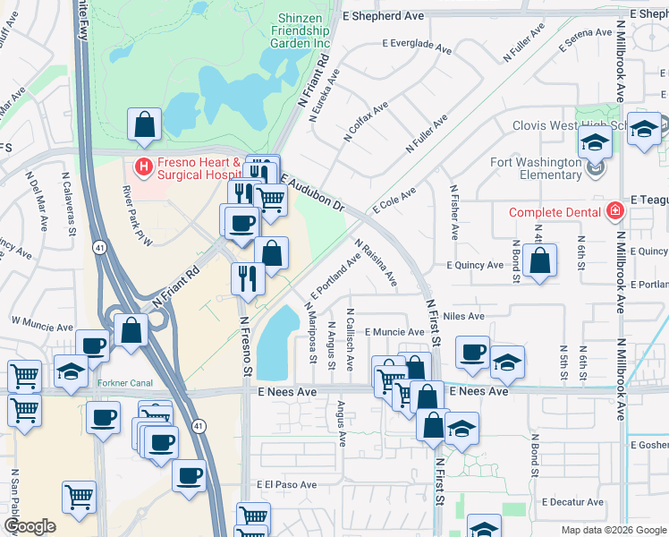 map of restaurants, bars, coffee shops, grocery stores, and more near 234 East Portland Avenue in Fresno