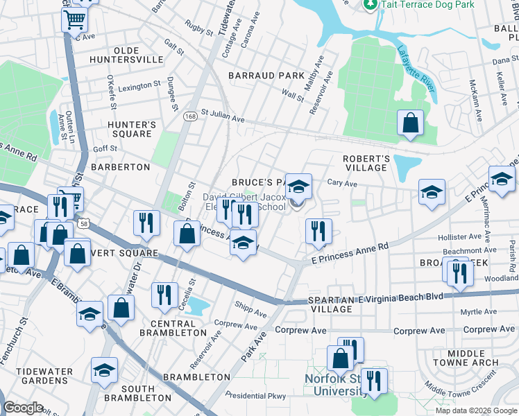 map of restaurants, bars, coffee shops, grocery stores, and more near 1254 Maltby Avenue in Norfolk